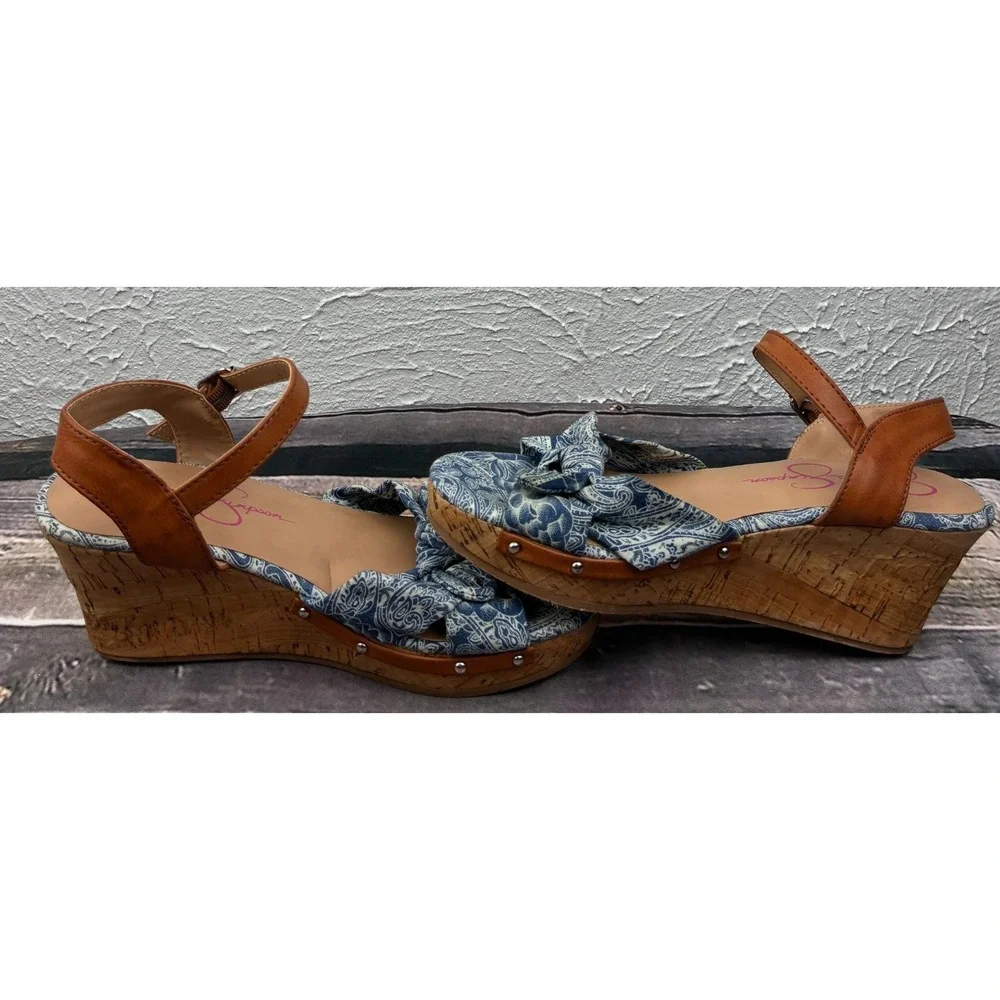 Jessica Simpson Fabiana Wedge Sandals Womens 4M Blue Paisley Bow Cork Platform